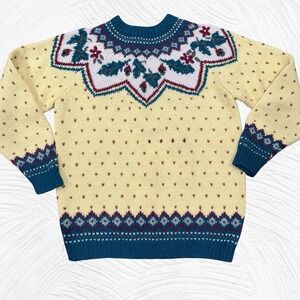 Eddie Bauer Fair Isle/Nordic‎ Wool Sweater Yellow Reds Greens Petite Large